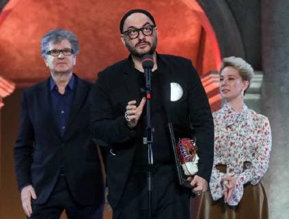 MOSCOW, RUSSIA - APRIL 16, 2019: Russian stage and film director Kirill Serebrennikov (C) receives the Drama Best Director award for his production Little Tragedies at Moscow s Gogol Center Theatre at the 2019 Golden Mask award ceremony at the Historic Stage of the Bolshoi Theatre. Vyacheslav Prokofyev TASS  TS0A8730