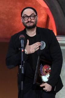 MOSCOW, RUSSIA - APRIL 16, 2019: Russian stage and film director Kirill Serebrennikov receives the Drama Best Director award for his production Little Tragedies at Moscow s Gogol Center Theatre at the 2019 Golden Mask award ceremony at the Historic Stage of the Bolshoi Theatre. Vyacheslav Prokofyev TASS  TS0A8731