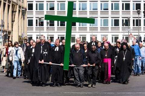 Berlin Good Friday procession Germany Berlin 19 04 2019 The picture shows the Berlin Good Friday procession in front of St Hedwigs Cathedral Berlin Berlin Germany