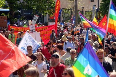Easter march of the peace movement in Stuttgart Baden Württemberg Germany Sea of banners and flags