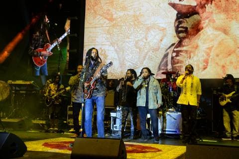 MIAMI FL - APRIL 20: Ziggy Marley, Julian Marley, Stephen Marley, Damian Marley and Ky-Mani Marley perform during the Kaya Music Festival at Bayfront Park Amphitheater on April 20, 2019 in Miami, Florida. Copyright: xmpi04x