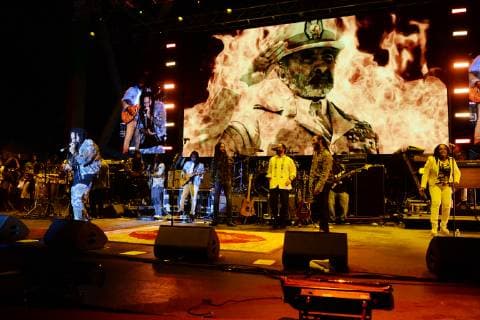 MIAMI FL - APRIL 20: Ziggy Marley, Julian Marley, Stephen Marley, Damian Marley and Ky-Mani Marley perform during the Kaya Music Festival at Bayfront Park Amphitheater on April 20, 2019 in Miami, Florida. Copyright: xmpi04x