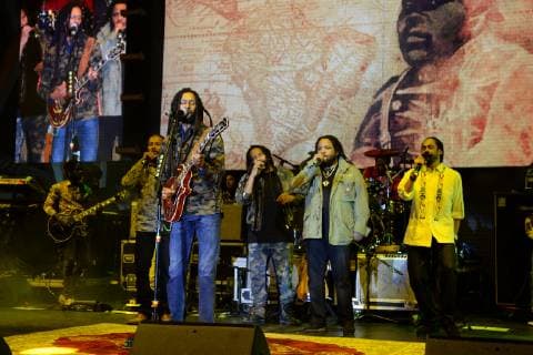 MIAMI FL - APRIL 20: Ziggy Marley, Julian Marley, Stephen Marley, Damian Marley and Ky-Mani Marley perform during the Kaya Music Festival at Bayfront Park Amphitheater on April 20, 2019 in Miami, Florida. Copyright: xmpi04x