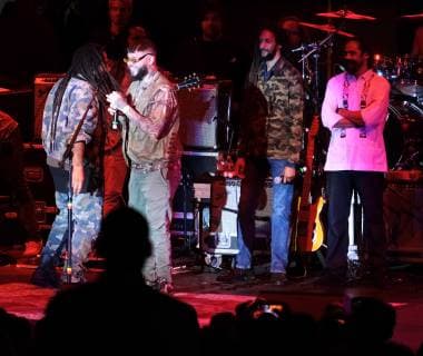 Farrukoo (C,R) joins the Marley s during their performance at the KAYA music fest at Bayfront park in Miami, Florida on April 20, 2019.  MIA20190420155 GARYxIxROTHSTEIN
