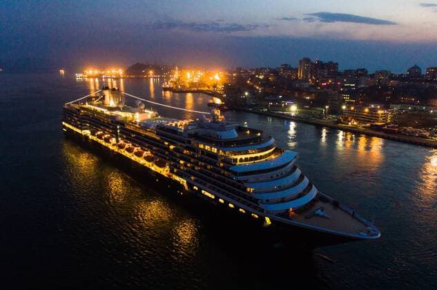 VLADIVOSTOK, RUSSIA - APRIL 22, 2019: The Westerdam cruise ship operated by Holland America Line leaving the port of Vladivostok on Russia s Pacific coast. Yuri Smityuk TASS  TS0A922E