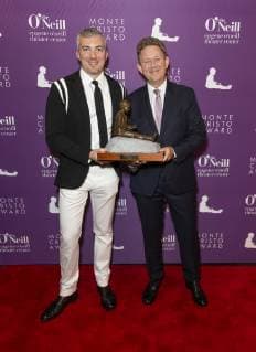 USA: Theater Monte Cristo Award 2019 Preston Whiteway, John Logan holding award attend Eugene O Neill Theater Center honors John Logan with 19th Annual Monte Cristo Award at Edison Ballroom New York New York United States Edison Ballroom  LevxRadin