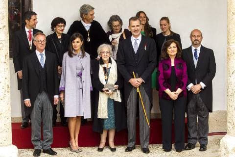 King Felipe VI of Spain, Queen Letizia and Uruguayan poet Ida Vitale during the Cervantes Literature Prize ceremony at the University of Alcala in Madrid on April 23, 2019.  (20190423038)