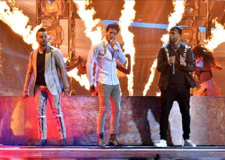 (L-R) Luis Fonsi, Sebastian Yatra and Nicky Jam perform during the 26th annual Billboard Latin Music Awards at the Mandalay Bay Events Center in Las Vegas, Nevada on April 25, 2019.  LAV20190425487 JIMxRUYMEN