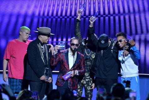 (L-R) Bad Bunny, Darell, Casper Magico, Nio Garcia, Nicky Jam and Ozuna accept their awards onstage during the 26th annual Billboard Latin Music Awards at the Mandalay Bay Events Center in Las Vegas, Nevada on April 25, 2019.  LAV20190425627 JIMxRUYMEN