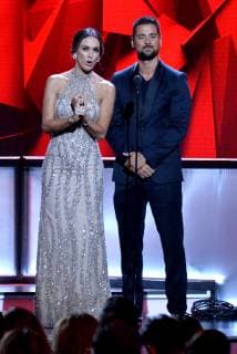 Jacky Bracamontes (L) and J.R. Ramirez present an award during the 26th annual Billboard Latin Music Awards at the Mandalay Bay Events Center in Las Vegas, Nevada on April 25, 2019.  LAV20190425499 JIMxRUYMEN