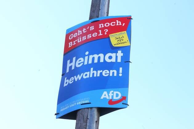 AfD election poster European elections 2019 GER Germany Germany Gestungen 25 04 2019 election poster of the alternative for Germany to the European elections 2019 with the slogan Geht s noch Brüssel Denkzettel Jetzt AfD wählen Heimat bewahren AUS LIEBE ZU DEUTSCHLAND FREIHEIT STATT BRÜSSEL AfD AfD election poster European elections 2019
