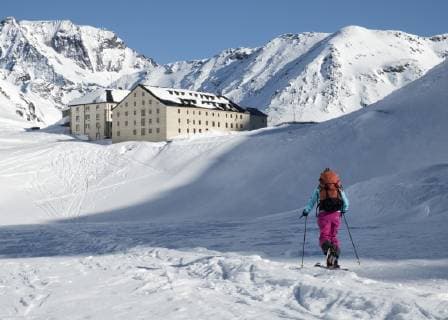 Switzerland, Great St Bernard Hospice, woman ski touring in the mountains model released Symbolfoto  ALRF01407