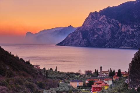 Italy, Torbole, view to Lake Garda at sunset  MRF01940
