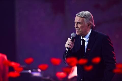 singer Salvatore Adamo performs on stage in tribute to Maurane at the closing ceremony of the 31st edition of the Televie charity event of the RTL-TVi television chains, Saturday 27 April 2019 in Louvain-la-Neuve.  LAURIExDIEFFEMBACQ 05574969