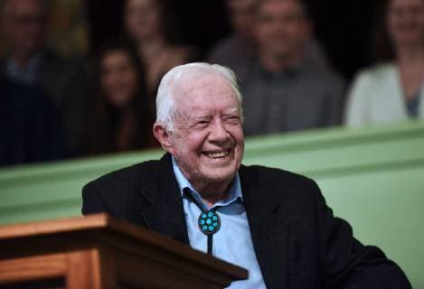 April 28, 2019 - Plains, Georgia, United States - Former U.S. President Jimmy Carter speaks to the congregation at Maranatha Baptist Church before teaching Sunday school in his hometown of Plains, Georgia on April 28, 2019. Carter, 94, has taught Sunday school at the church on a regular basis since leaving the White House in 1981, drawing hundreds of visitors who arrive hours before the 10:00 am lesson in order to get a seat and have a photograph taken with the former President and former First Lady Rosalynn Carter. Plains United States  - ZUMAn230 20190428_zaa_n230_1310 Copyright: xPaulxHennessyx