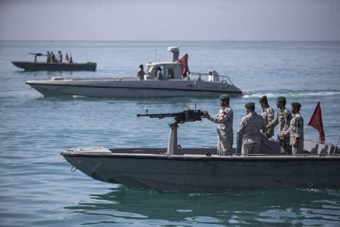 (190430) -- HORMUZ, April 30, 2019 -- Iranian soldiers patrol the Strait of Hormuz in southern Iran, April 30, 2019. Iran s top military commander said on Sunday that the Islamic republic does not intend to close the Strait of Hormuz for the international shipping. Tehran wants the Strait of Hormuz to remain open with sustained security, Chief of Staff of Iran s Armed Forces Major General Hossein Baqeri was quoted as saying by Tasnim news agency. ) IRAN-STRAIT OF HORMUZ-MILITARY-SECURITY AhmadxHalabisaz 