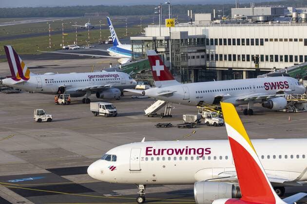 Airport Düsseldorf International DUS Apron Terminal A and B Aircraft of Swiss ANA Germanwings Eurowings Airbus