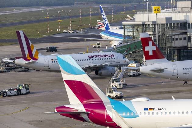 Airport Düsseldorf International DUS Apron Terminal A and B Aircraft of Swiss ANA Germanwings Eurowings Airbus