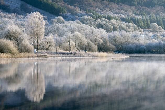 Loch Ard partially frozen over and a hoar frost around Aberfoyle in the Loch Lomond and the Trossachs National Park in mid-winter, Stirling District, Scotland, United Kingdom, Europe Copyright: JohnxPotter 1228-172