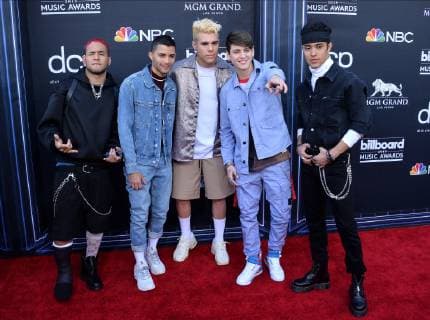 (L-R) Richard Camacho, Erick Brian Colon, Zabdiel De Jesús, Christopher Vélez and Joel Pimentel De Leon of CNCO arrive for the 2019 Billboard Music Awards at the MGM Grand Garden Arena in Las Vegas, Nevada on May 1, 2019.  LAV20190501035 JIMxRUYMEN