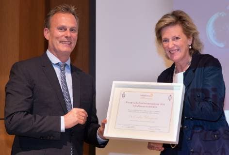 Professor Cedric Blanpain and Princess Astrid of Belgium pictured during a royal visit to the ceremony for the 2018 edition of the AstraZeneca Foundation Award for biopharmaceutical research, Friday 03 May 2019 in Brussels.  BENOITxDOPPAGNE 05578294