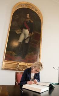 Princess Astrid of Belgium pictured in front a painting of Leopold 1 during a royal visit to the ceremony for the 2018 edition of the AstraZeneca Foundation Award for biopharmaceutical research, Friday 03 May 2019 in Brussels.  BENOITxDOPPAGNE 05578297