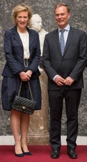 Princess Astrid of Belgium and Professor Cedric Blanpain pictured during a royal visit to the ceremony for the 2018 edition of the AstraZeneca Foundation Award for biopharmaceutical research, Friday 03 May 2019 in Brussels.  BENOITxDOPPAGNE 05578299