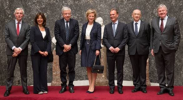 Professor Pierre Coulie, Brigitte Velkeniers, Michel Goldman, Princess Astrid of Belgium, Professor Cedric Blanpain, Jean Michel Foidart and Federation Wallonia - Brussels Minister of Higher Education, Research and Media Jean-Claude Marcourt pose after a royal visit to the ceremony for the 2018 edition of the AstraZeneca Foundation Award for biopharmaceutical research, Friday 03 May 2019 in Brussels.  BENOITxDOPPAGNE 05578306