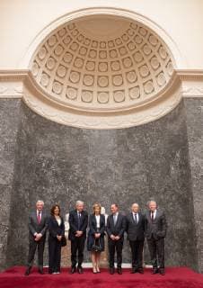 Professor Pierre Coulie, Brigitte Velkeniers, Michel Goldman, Princess Astrid of Belgium, Professor Cedric Blanpain, Jean Michel Foidart and Federation Wallonia - Brussels Minister of Higher Education, Research and Media Jean-Claude Marcourt pose after a royal visit to the ceremony for the 2018 edition of the AstraZeneca Foundation Award for biopharmaceutical research, Friday 03 May 2019 in Brussels.  BENOITxDOPPAGNE 05578307