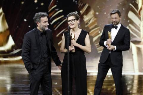 Talal Derki Eva Kemme and Tobias N Siebert at the presentation of the German Film Award 2019 at Messe Berlin Berlin 03 05 2019 Foto:xS.xGabschx xFuturexImage