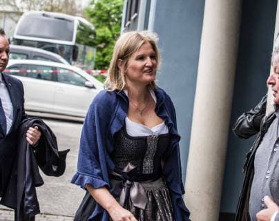 May 4, 2019 - Greding, Bavaria, Germany - KATRIN EBNER STEINER of the AFD in the Bavarian Lantag. Die right-extremist flank of the Alternative for Germany party known as Ã¢â‚¬oeder FluegelÃ¢â‚¬Â (Ã¢â‚¬oeThe WingÃ¢â‚¬Â) appeared in Greding, near Nuremburg in Bavaria. Appearing with the group was Bjoern Hoecke, Benjamin Nolte, Bernhard Zimniok and Christina Baum. Due to connections to the right-extremist spectrum and efforts against democracy, the Office for the Protection of the Constitution (Verfassungsschutz, Secret Service) escalated the group to preliminary monitoring ahead of possible formal monitoring. Participants, including right-radical Dubravko Mandic of the AfD in Freiburg aggressively approached and harassed journalists on the scene, with him taking the phone away of one. Later, after calls to take the cameras from journa - ZUMAb160 20190504_zbp_b160_004 Copyright: xSachellexBabbarx