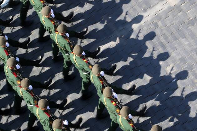 MOSCOW, RUSSIA â€“ MAY 7, 2019: Servicemen march in formation during the dress rehearsal of a Victory Day military parade marking the 74th anniversary of the victory over Nazi Germany in the 1941-1945 Great Patriotic War, the Eastern Front of World War II, in Moscow s Red Square. Sergei Bobylev TASS  TS0AA9BF