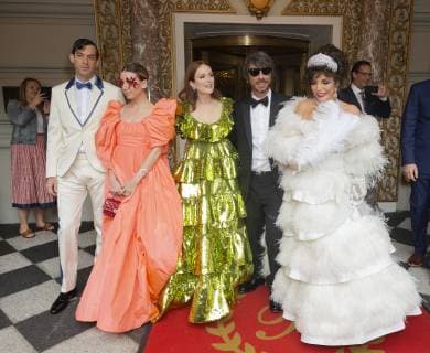 USA: Met Gala celebrities at The Pierre Hotel Mark Ronson, Lykke Li, Julianne Moore, Pierpaolo Piccioli, Joan Collins wearing gown by Valentino leave The Pierre Hotel for Met Gala on theme Camp: Notes on Fashion New York New York United States Lev Radin  LevxRadin