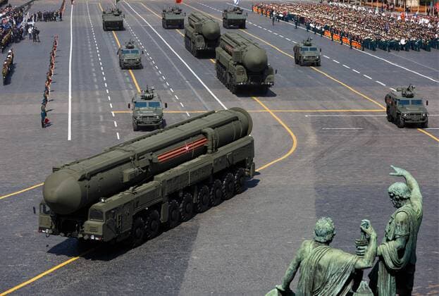 MOSCOW, RUSSIA - MAY 7, 2019: RS-24 Yars mobile intercontinental ballistic missile launchers roll down Moscow s Red Square during the dress rehearsal of a Victory Day military parade marking the 74th anniversary of the victory over Nazi Germany in the 1941-45 Great Patriotic War, the Eastern Front of World War II. Olga Balashova Russian Defence Ministry Press Office TASS  TS0AAA56