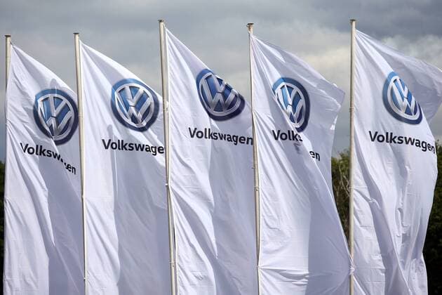 05 05 2019 Dresden Saxony GER flags of the car manufacturer Volkswagen overprint outside exterior photograph car manufacturer car industry car brand car manufacturer automobile manufacturer automobile group car brand