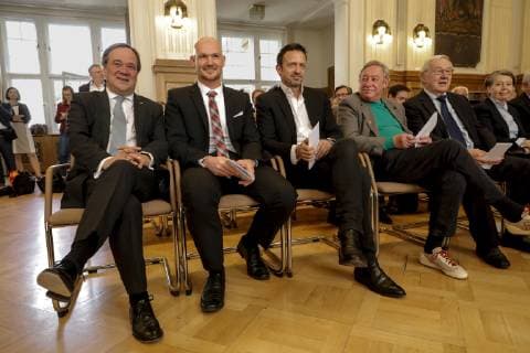 14 05 2019, Düsseldorf NRW Minister President Armin Laschet awards the Order of Merit of the State of North Rhine-Westphalia Armin Laschet, Dr Alexander Gerst, Till Brönner, Christoph Biemann, Armin Maiwald Düsseldorf Presidential Palace of the District Government of Düsseldorf, Cecilienallee 2 Nordrhein Westfalen Germany