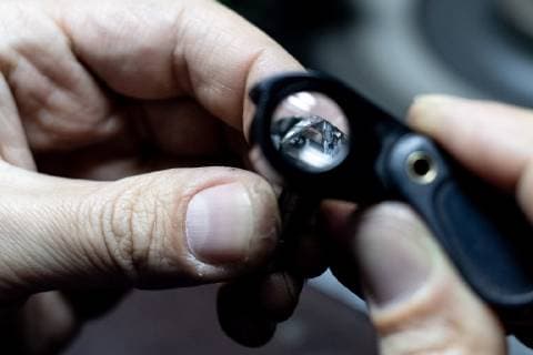 SMOLENSK, RUSSIA â€“ MAY 14, 2019: Cutting rough diamonds at the Kristall Production Corporation, a Russian polished diamonds manufacturer. Sergei Bobylev TASS  TS0AB5FA