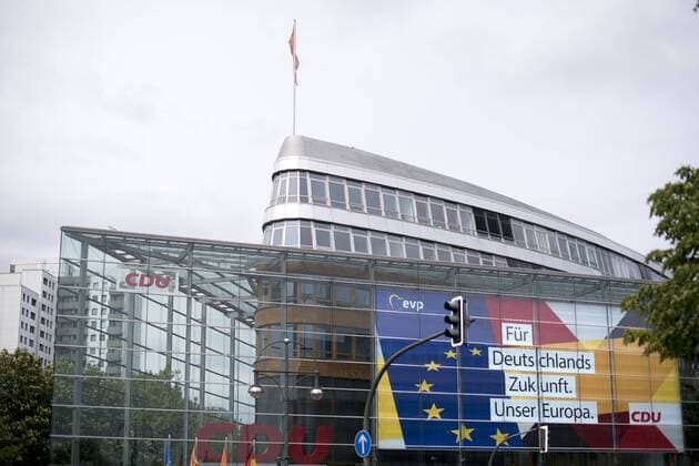 European Elections, CDU DEU, Deutschland, Germany, Berlin, 11.05.2019 Wahlplakat Fuer Deutschlands Zukunft Unser Europa an der Parteizentrale der CDU im Konrad-Adenauer-Haus in Berlin. Plakat zur Wahl zum europaeischen Parlament am 26. Mai. Campaign posters of the CDU in front of the CDU party headquarter Konrad-Adenauer-Haus during the election campaign for the European election on 26th May 2019 in Berlin, Germany