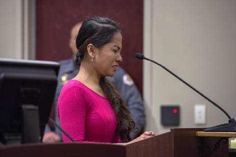 May 16, 2019 - U.S. - Judith Gregor speaks on bahalf of her husband, former Espanola and Santa Fe school teacher Gary Gregor, during his sentencing hearing in Santa Fe, Thursday May 15, 2019. Gregor was sentenced to 144 years in prison with 36 suspended for charges of rape and other crimes committed on two 9 year old students in his classroom. U.S. - ZUMAab1_ 20190516_zaf_ab1_006 Copyright: xEddiexMoorex
