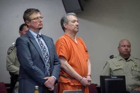 May 16, 2019 - U.S. - Former Espanola and Santa Fe school teacher Gary Gregor, center, stands with his attorney Shelby Bradley, left, listens as the judge reads his sentence during his sentencing hearing in Santa Fe, Thursday May 16, 2019. Gregor was sentenced to 144 years in prison with 36 suspended for his convictions on charges of sexual assaulting two students in his 4th grade classroom years ago. U.S. - ZUMAab1_ 20190516_zaf_ab1_012 Copyright: xEddiexMoorex