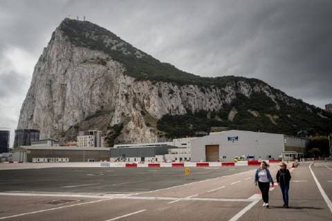 May 14, 2019 - Gibraltar, Gibraltar - Pedestrians crossing the asphalt at Gibraltar international airport (British overseas territory) near the border with Spain. Gibraltar Gibraltar - ZUMAb137 20190514_zap_b137_017 Copyright: xJordixBoixareux
