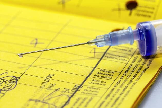 DEU, Germany, Stuttgart, 21 05 2019 Vaccination certificate with syringe, measles vaccination Studio recording