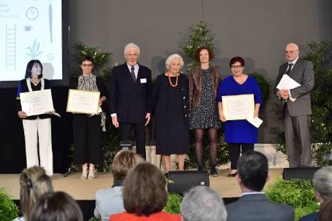 Queen Paola of Belgium and Federation Wallonia - Brussels Minister of Education and School Buildings Marie-Martine Schyns pictured during a ceremony for the Queen Paola Award 2018-2019 (Koningin Paolaprijs - Prix Reine Paola) for education, at the royal castle in Laken Laeken, Brussels, Wednesday 22 May 2019.  LAURIExDIEFFEMBACQ 05589862