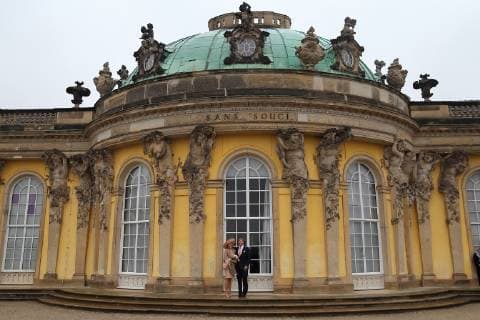 Queen Maxima and King Willem Alexander of the Netherlands stand in front of Sanssouci Palace in Potsdam, 22 May 2019 Dutch royal couple visits Brandenburg