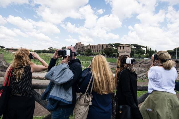 May 22, 2019 - Rome, italy, Italy - People use a VR visors during a press conference of presentation, in Rome, Italy, on May 22, 2019 about an innovative project of enhancement in augmented reality (AR) and virtual reality (VR), it will be possible to relive one of the most significant archaeological sites in the history of Rome: the Circus Maximus Experience. Rome Italy  - ZUMAn230 20190522_zaa_n230_298 Copyright: xAndreaxRonchinix