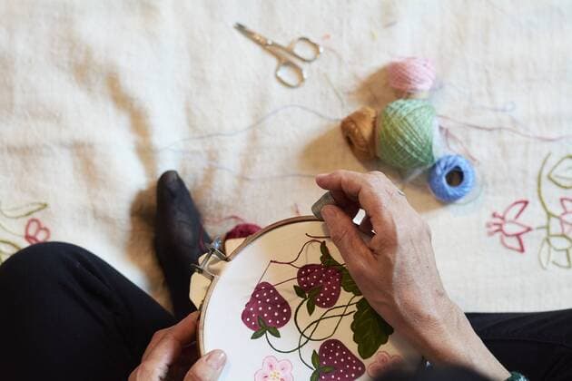 IMAGO Creative: Digitale Welt, Verzicht auf Technologie Close-up of woman embroidering strawberry pattern model released Symbolfoto property released  IGGF01023