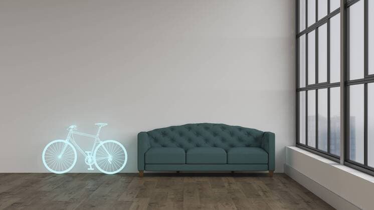 3D rendering, Hologram of bicycle in modern room, next to couch  UWF01568