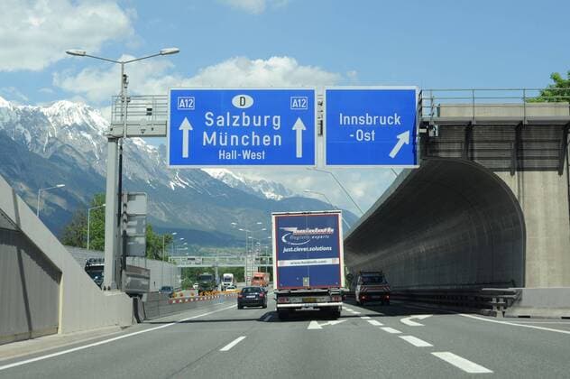 Austria Traffic signs motorway A12, direction Salzburg, Hall and Muenchen, respectively Innsbruck East