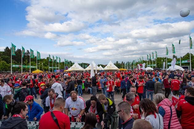 Cup final between Bayern Munich and RB Leipzig, The DFB Sportschau living room on the grounds in front of the Olypiastadion attracts thousands of spectators to Berlin Germany even before the match starts.