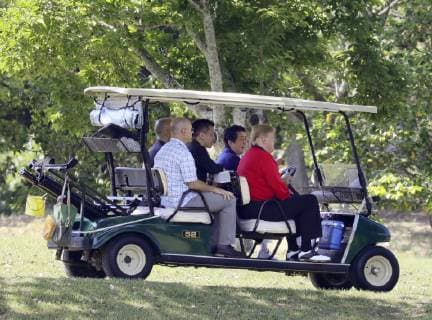 Trump in Japan Japanese Prime Minister Shinzo Abe (2nd from R) drives a cart at Mobara Country Club in Chiba Prefecture on May 26, 2019, with U.S. President Donald Trump seated next to him. Abe and Trump played golf at the course near Tokyo -- their fifth round together since the U.S. leader took office in 2017. (Pool photo) 